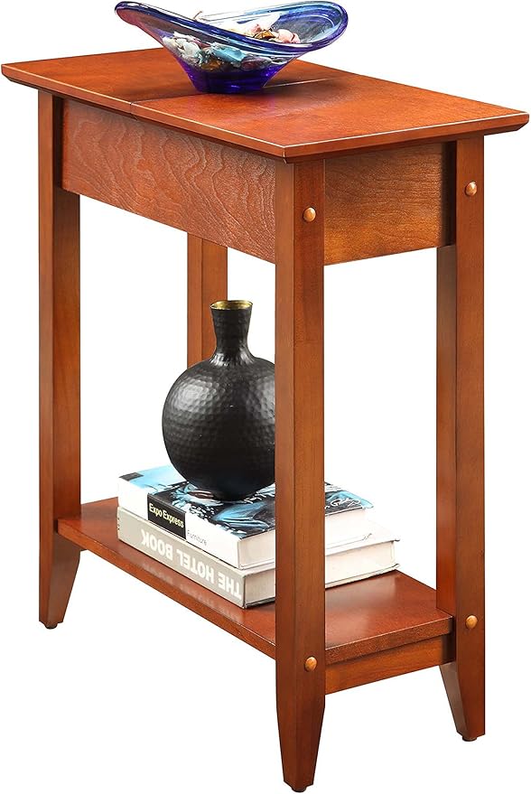 Convenience Concepts American Heritage Flip Top End Table 23.25" - Classic Narrow Chairside Accent with Hidden Storage & Lower Shelf for Traditional, Modern Living Room, Cherry