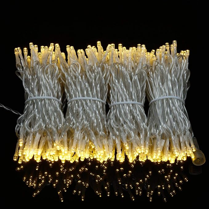 YULETIME 100 ft 300 Count Warm White LED String Lights with 8 Models Adapter, Clear Wire Wide Angle 5mm Christmas Lights (Warm White - Multimode)