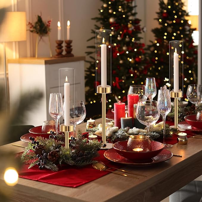 Gold Hurricane Candle Holders Set of 3, Tall Metal & Windproof Glass Taper Candle Holders, Outdoor/Indoor Table Centerpieces for Weddings, Christmas, Parties, Fireplace Decor