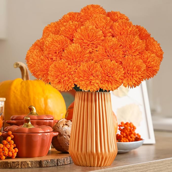 36 Pcs Artificial Chrysanthemums Flowers,Marigold Flower Fall Fake Flowers Orange Silk Mums Bouquet Decor Faux Ball Flowers for Autumn Day of Home Decor Indoor Wedding Table Centerpiece (Orange)