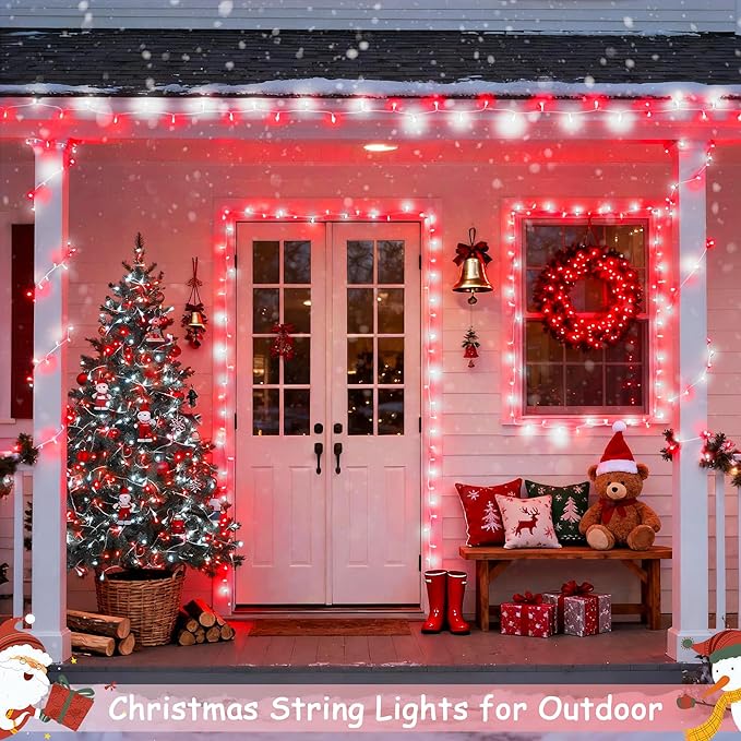 JMEXSUSS 2 Pack Red and White Battery Christmas Lights, Each 33ft 100 LED Battery Powered String Lights with Remote for Tree Patio Yard House Party Birthday Outside