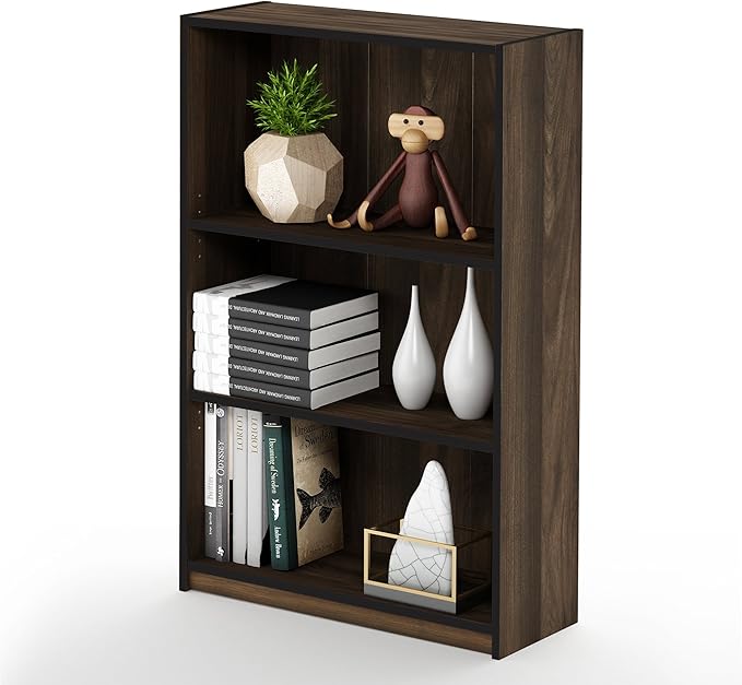 Furinno JAYA Book Shelf, 3-Tier Bookshelf, Bookcase with Adjustable Shelves, 9.5 x 24.5 x 40.3, for Living Room, Bedroom, Home Office, Columbia Walnut