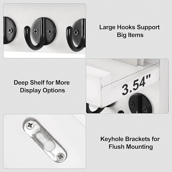 Key Holder for Wall, Decorative Key and Mail Holder with Shelf Has Large Key Hooks for Bags, Coats, Umbrella – Paulownia Wood Key Hanger with Mounting Hardware (9.8”W x 6.7”H x 4.2”D)