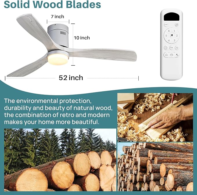 Sofucor Ceiling Fan with Lights 52 Inch Flush Mount Ceiling Fan with Remote Control, 3 Solid Wood Blades Modern Outdoor Ceiling Fans for Bedroom/Farmhouse/Patio/Indoor, Quiet DC Motor, Silver & Grey