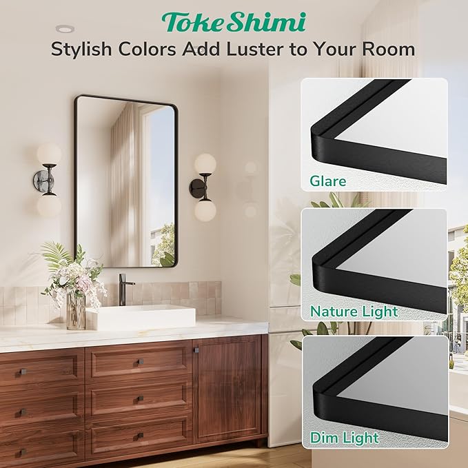 TokeShimi 24x32 Black Bathroom Mirror,Bathroom Vanity Mirror with Tempered Glass,Modern Vanity Wall Mirror for Bathroom with Seamless Aluminum Frame(Horizontal/Vertical)
