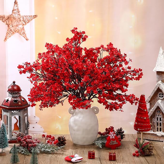Lyrow 24 Pcs Red Babys Breath Artificial Christmas Picks Decoration Xmas Fake Flowers Stems Gypsophila Bushes Floral Arrangement Bulk for Home Indoor Table Decor(Red)