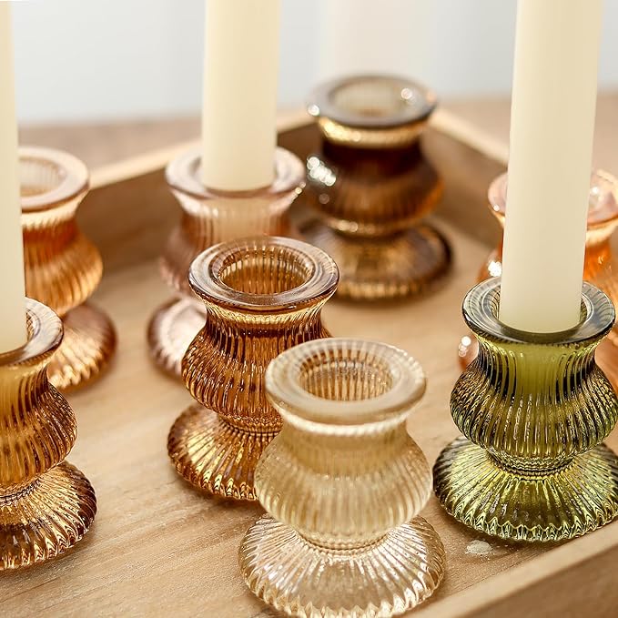 WDHODEC Glass Candlestick Holders 12PCS Taper Candle Holders for Table Centerpiece Vintage Colorful Candle Sticks for Wedding, Party and Birthday Table Decoration(Brown)
