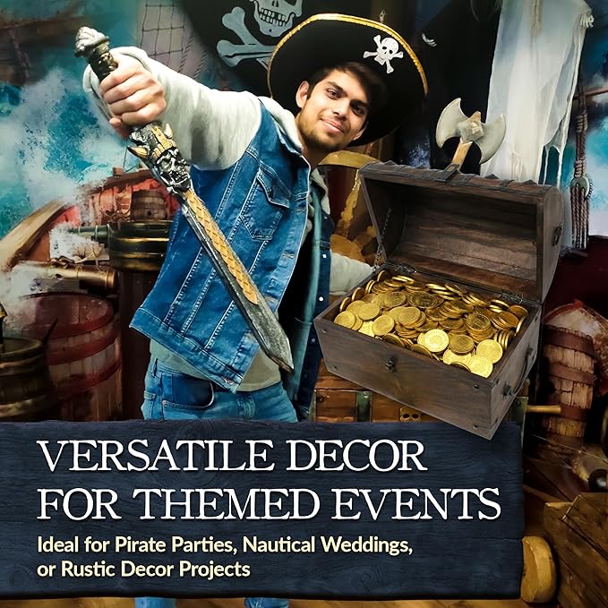 Nautical Cove Handmade Pirate Treasure Chest for Kids Prizes & Classroom with Lock and Skeleton Keys – Lockable Wooden Storage Chest Box, Pirate Decor, Decorative Wooden Box - Medium 11x6x6.75
