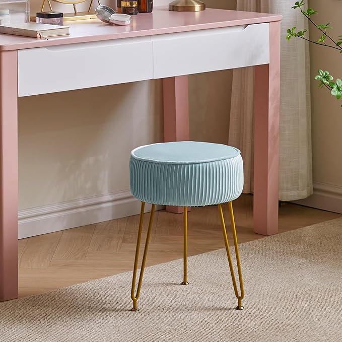 IBUYKE Velvet Round Footrest Stool Ottoman, Makeup Vanity Stool Side Table, Velvet Dressing Table Seat, Pouf Couch Stool, Golden Steel Legs, Blue LG-30H