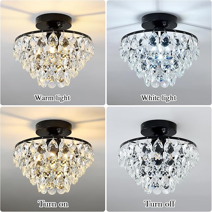 YYJLX Indoor Motion Sensor Ceiling Light Fixture Modern Cryatal Semi Flush Mount Ceiling Light Black Ovrehead Light Fixture for Porch Hallway Front Entryway Kitchen Hall Garage.