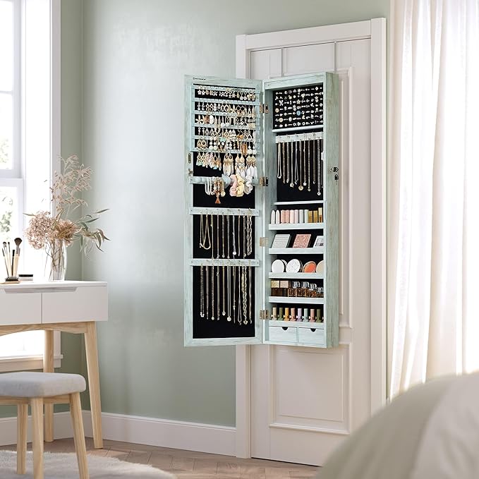 SONGMICS 6 LEDs Mirror Jewelry Cabinet, 47.2-Inch Tall Lockable Wall or Door Mounted Jewelry Armoire Organizer with Mirror, 2 Drawers, Christmas Gift, 3.9 x 14.6 x 47.2 Inches, Rustic Green