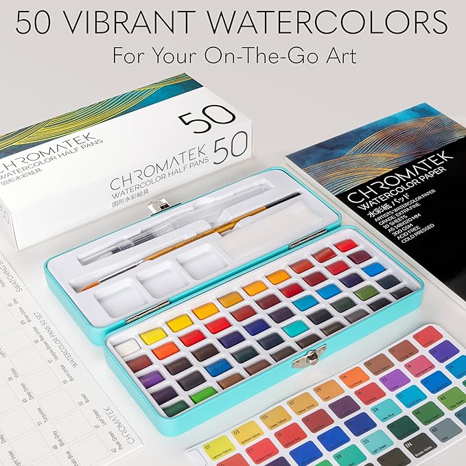 CHROMATEK Watercolor Paint Set – 50 Vivid Colors Including Transparent, Opaque & Pastel – Art Kit with Brush, Water Pen, Palette, Color Chart, Swatch Sheets, Pad & Metal Travel Case