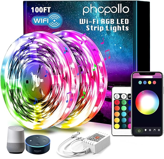 phopollo 100ft Led Lights for Bedroom Sync with Music, Led Strip Lights Compatible with Alexa and Google Home