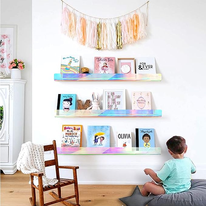 36 inches Iridescent Acrylic Floating Shelf,Wall Mounted Kids Bookshelf, Display Book Shelves for Kids Nursery Toddler Classroom 2 Packs