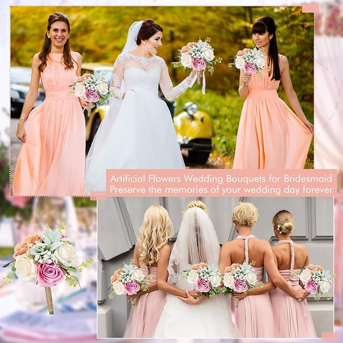 Bridesmaid Bouquets Set of 4 - Blush & Pink Artificial Flowers Bouquet for Bridesmaids Wedding Small Floral Centerpieces for Marriage Proposal Party Anniversary Dining Table Decor -7 Inch