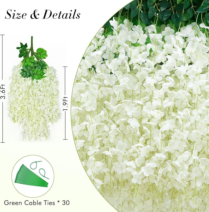 Waipfaru 40 Pack White Wisteria Hanging Flowers, Fake Flowers for Decoration, Artificial Hanging Flowers, Vines for Bedroom, Flower Garland for Home, Party, Wall, Wedding Decoration(3.6 Ft/Pcs)