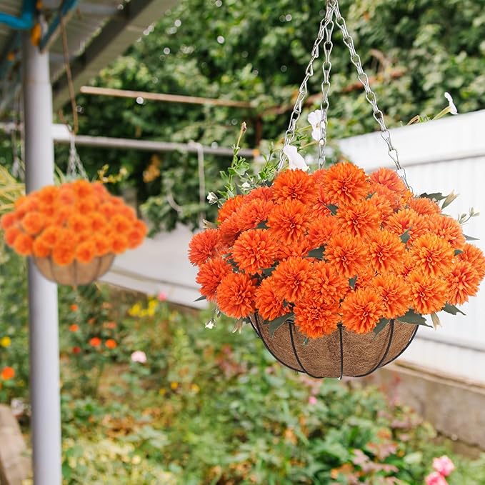 Fall Mums Artificial Flowers Hanging Basket for Outdoor Fall Porch Decor Fake Marigolds 6 Bundle Faux Silk Orange Flower Bouquet Chrysanthemum UV Resistant Realistic Plant for Autumn Table Home Decor