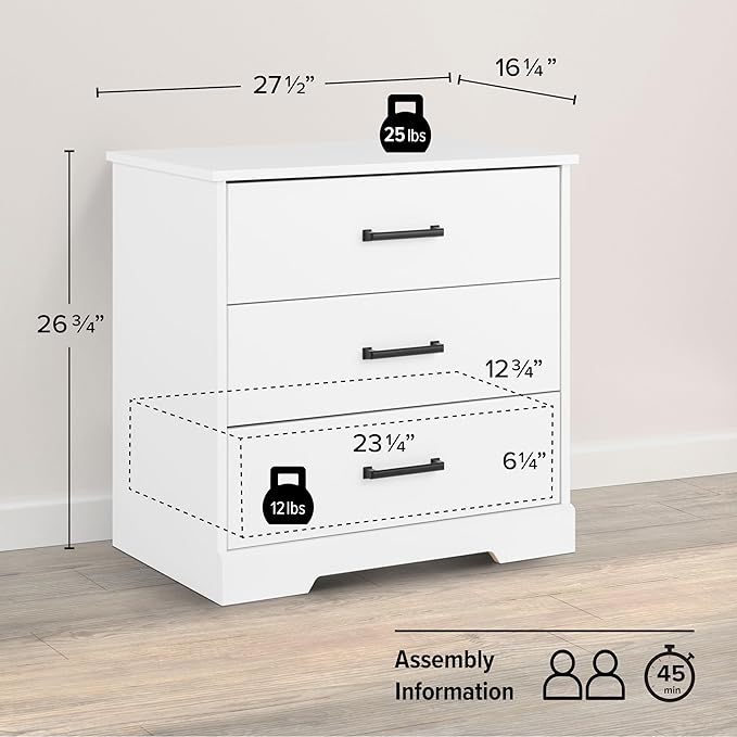Prepac Rustic Ridge Farmhouse Nightstand Bedside Table, White Nightstand for Bedroom, End Table with 3 Drawers 16.25"D x 27.5"W x 26.75"H