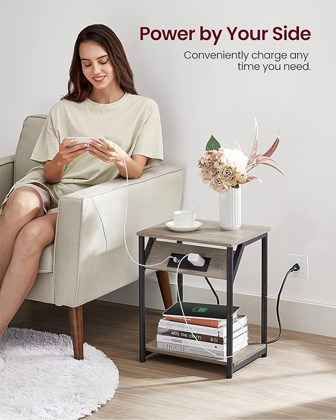 VASAGLE End Table with Charging Station, Set of 2, Small Side Tables for Living Room, Bedroom, Nightstand with Outlets and USB Ports, Bedside Table with Storage Shelf, Heather Greige and Black