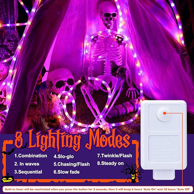 50ft 360 LED Rope Lights Outdoor, Connectable and Flexible Tube Lights with 8 Modes, Waterproof Indoor Outdoor LED Rope Lighting for Deck, Garden, Pool, Patio, Holloween Decorations (Orange & Purple)