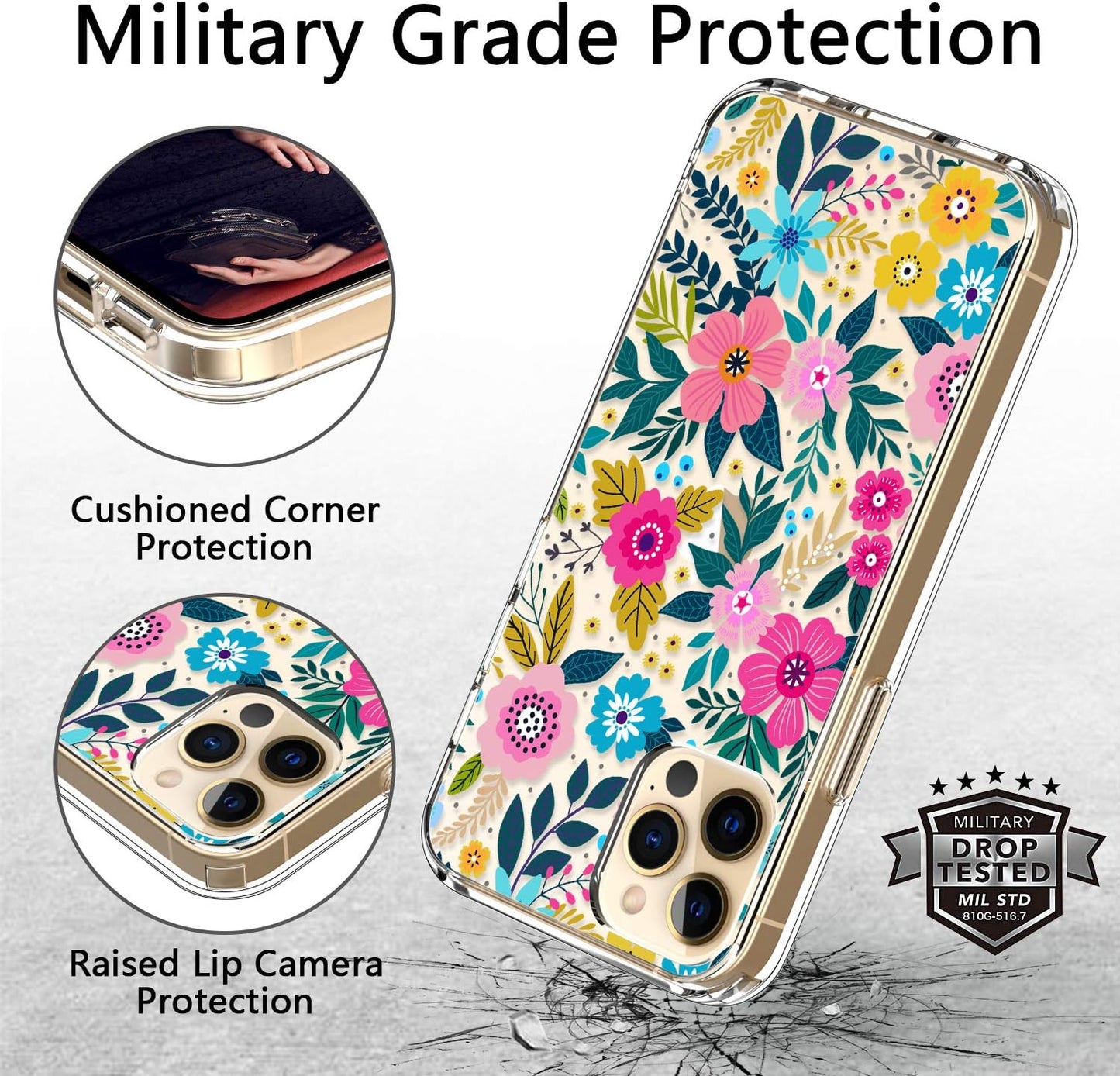 ICEDIO iPhone 12 Case with Screen Protector, Clear with Colorful Blooming Floral Patterns for Girls, Slim Fit