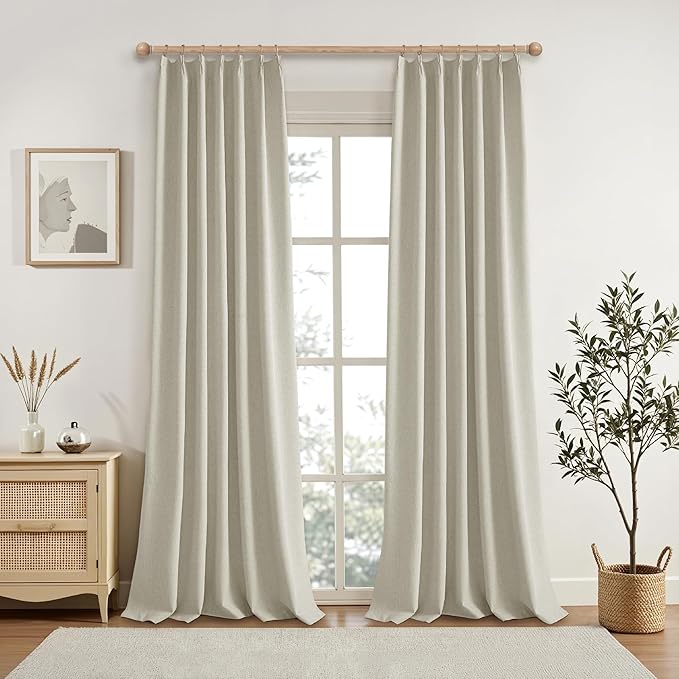 KangBang Full Blackout Pinch Pleat Curtains 102 Inches Long, Pleated Linen Drapes 2 Panels Set for Living Room Dining with Hooks, Thermal Insulated & Noise Reducing, 52Wx102L, Linen Color