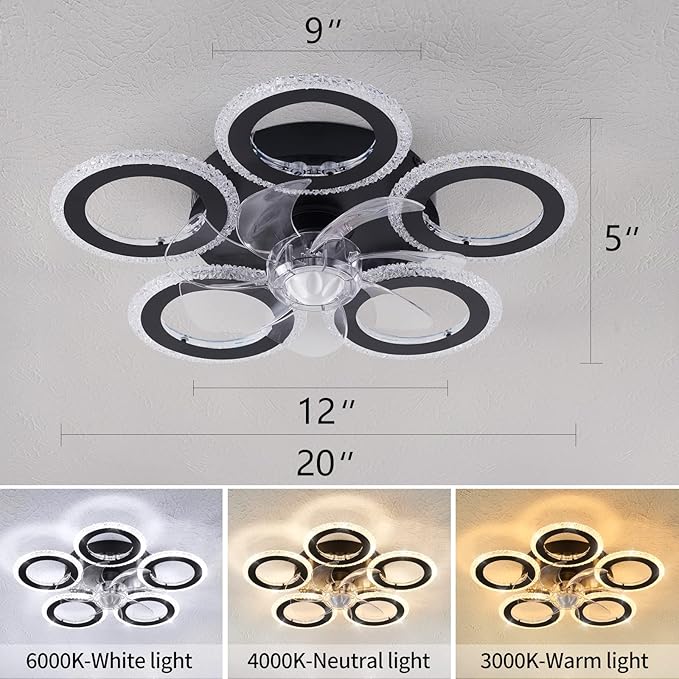 Ceiling Fan with Lights Remote Control, 20" Personality Geometric Ceiling Fan with Light, 6 Speeds 3 Light Color Low Profile Ceiling Fan for Kitchen Bedroom Living Room