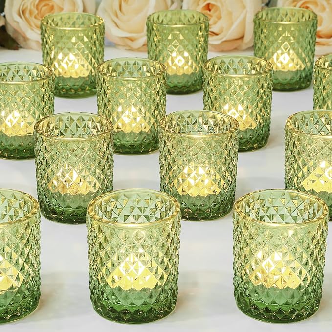 24 Pcs Votive Candle Holders for Wedding, Olive Green Glass Tea Lights Candle Holders for Party Table Decor, Candle Holders Bulk Baby Shower, Vintage Green Depression for Table Centerpiece