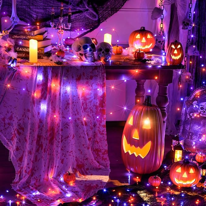 JMEXSUSS 8 Pack 50 LED Orange and Purple Fairy Lights Battery Operated 16.1ft Twinkle Lights
