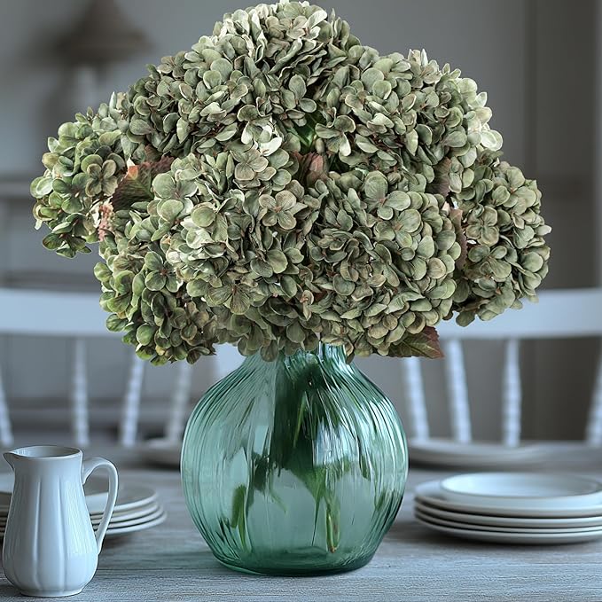 Artificial Flower Fake Silk Hydrangea Heads Bouquet with Stems Bulk for Fall Decoration Table Center Christmas Indoor Outdoor Faux Floral Realistic with Leaves Plants Crafts 8PCS (Green)