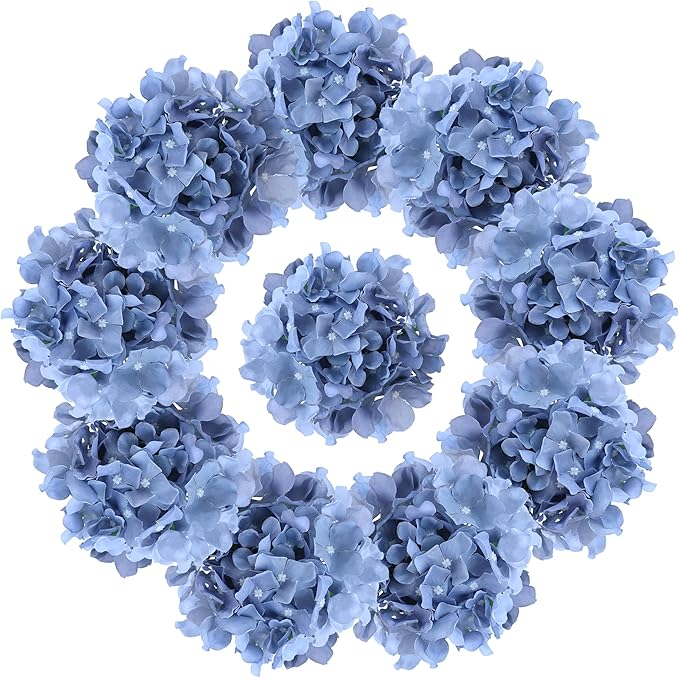 AVIVIHO Dusty Blue Silk Flowers Heads Artificial Hydrangea Pack of 10 Fake Full Hydrangea Flowers with Stems for Wedding Home Party Shop Baby Shower Decoration