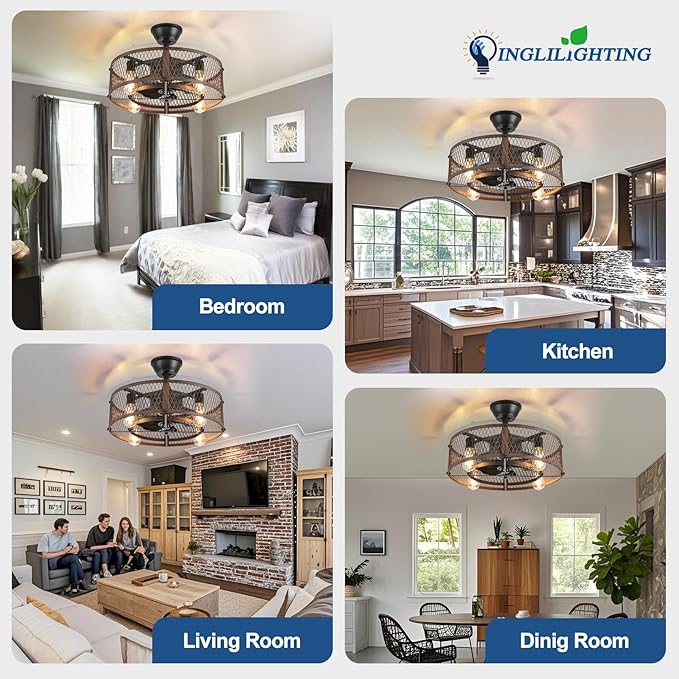 DLLT Caged Ceiling Fan with Lights: 20" Farmhouse Fandelier with Light and Remote - Walnut Industrial Chandelier Fan Light for Bedroom Living Dining Room Kitchen