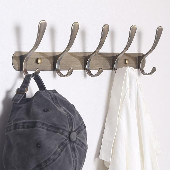 SKOLOO Coat Rack Wall Mount - Modern, Metal Wall Coat Rack with 5 Hooks, Pack of 2, Sturdy Wall Hook Rack Rail for Hanging Coat, Jacket, Clothes, Hat, Bronze