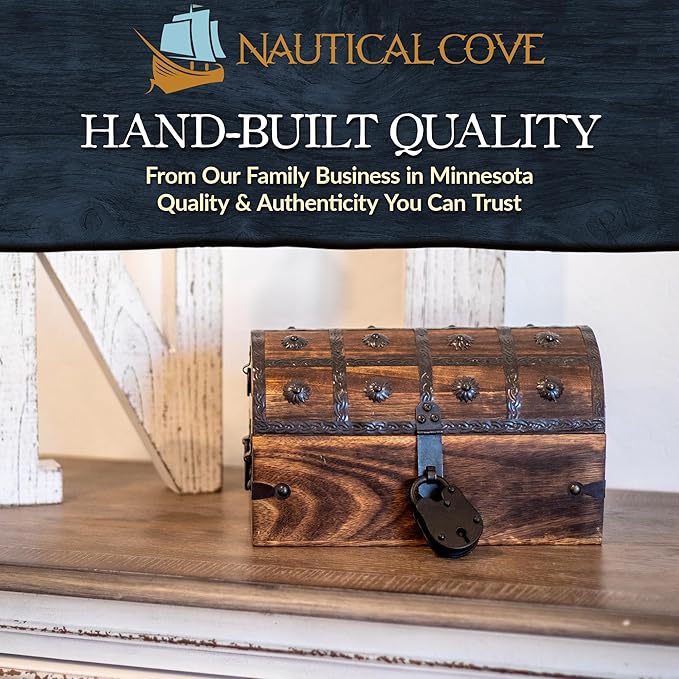 Nautical Cove Handmade Pirate Treasure Chest for Kids Prizes & Classroom with Lock and Skeleton Keys – Lockable Wooden Storage Chest Box, Pirate Decor, Decorative Wooden Box - Medium 11x6x6.75