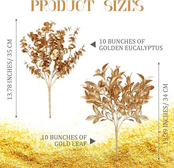 Lyrow 20 Pack Gold Artificial Plants for Christmas Decor Artificial Eucalyptus Leaves Spray Flowers Gold Eucalyptus Stems Branch for Xmas Home Hotel Vase Filler Wedding Party
