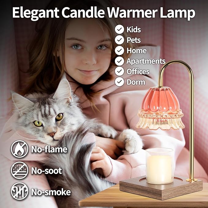 Candle Warmer Lamp, Candle Lamp Wax Warmer, Timer & Dimmer 7-Levels, Compatible All Jar Candles, Top Melting, Glass Candle Heater Lamp for Scented Wax, Elegant Home Decoration, Pink Flower