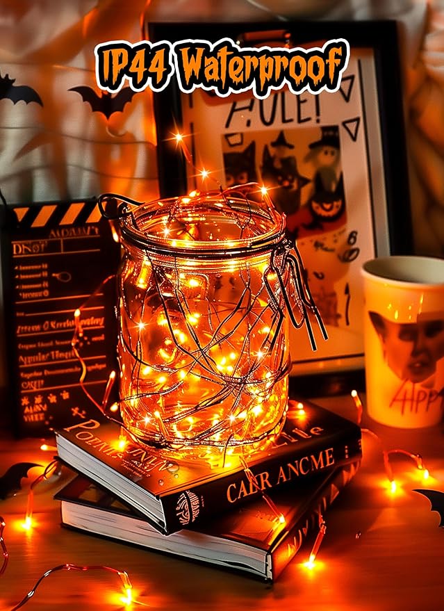 Minetom Halloween Fairy Lights, 33Ft 100 LED Battery Operated Fairy Lights, Waterproof Copper Wire Mason Jar Lights for Home Party Ghost Haunted House Indoor Outdoor Halloween Decorations, Orange