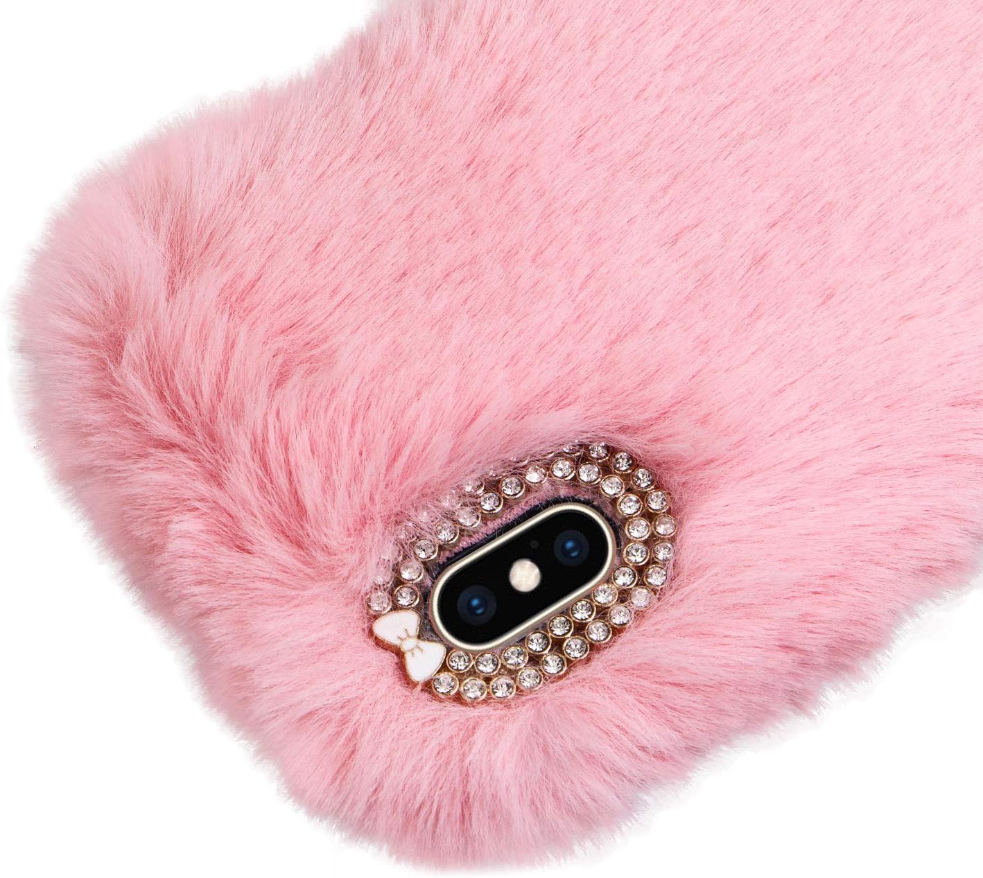 Plush Rabbit Fur Case for iPhone 6/6S, LCHDA Bunny Furry Fluffy Phone Case with Luxury Diamond Bowknot, Pink