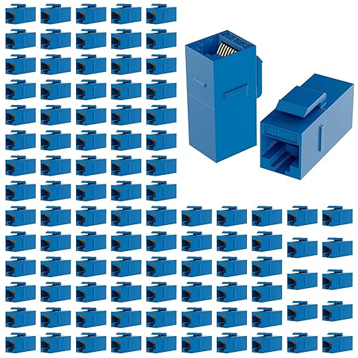 RJ45 Coupler Cat6 Keystone Jack 100-Pack, Female to Female UTP Inline Ethernet Network Coupler for Wall Plates & Patch Panels – Blue