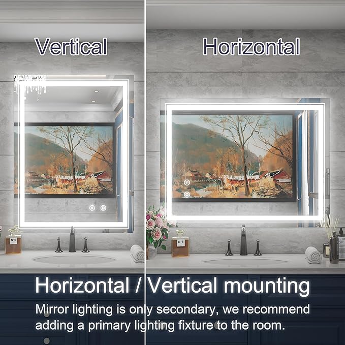 28x36 Inch LED Bathroom Mirror with Lights, Adjustable 3000K/4500K/6000K, Wall Mounted Lighted Bathroom Vanity Mirror, Memory Funtion, Stepless Dimmable, Anti-Fog, Horizontal/Vertical