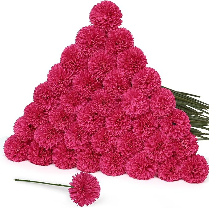 36 Pcs Artificial Chrysanthemums Flowers Hot Pink Flowers Fake Mums Silk Flowers for Christmas Wedding Floral Table Centerpiece Home Decor