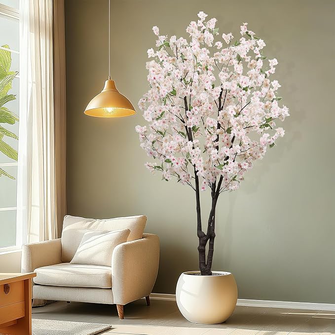Artificial White Cherry Blossom Tree 5.7ft(68in) Faux Lifelike Plant for Indoor Decor Natural Potted Tree Realistic Pink Cherry Flowers Wood Trunk for Home Living Room,Office Perfect Weeding Gift