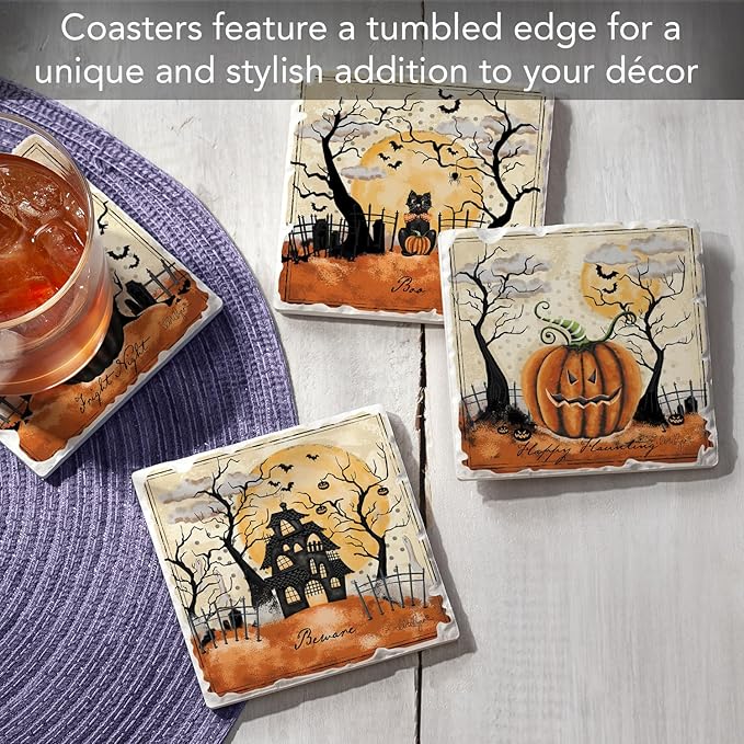 Thirstystone Haunted Valley 4 Pack Assorted Tumbled Tile Stone Coasters with Protective Cork Backing 4" Square Manufactured in The USA