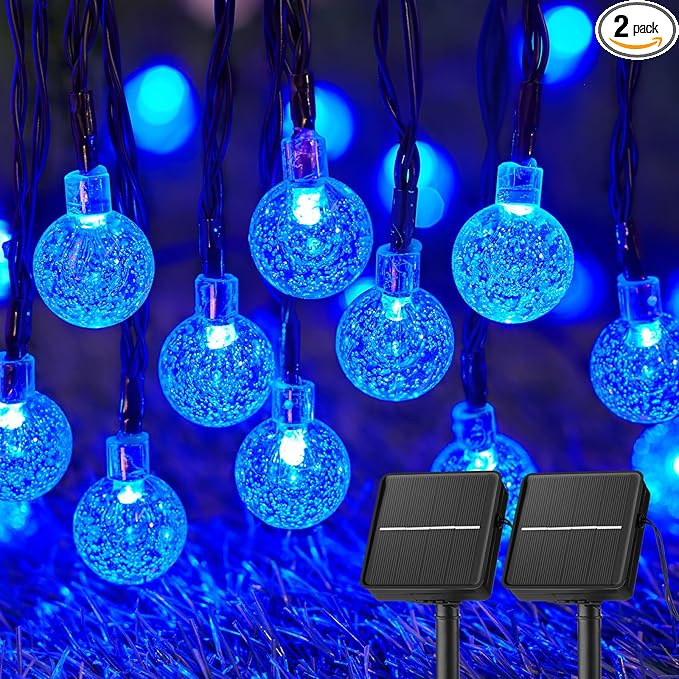 Solar String Lights Outdoor Waterproof, 2 Pack 60 LED 36.5 FT Each, 8 Lighting Modes Solar Powered Patio Lights for Garden Yard Porch Wedding Party Decor (Blue)