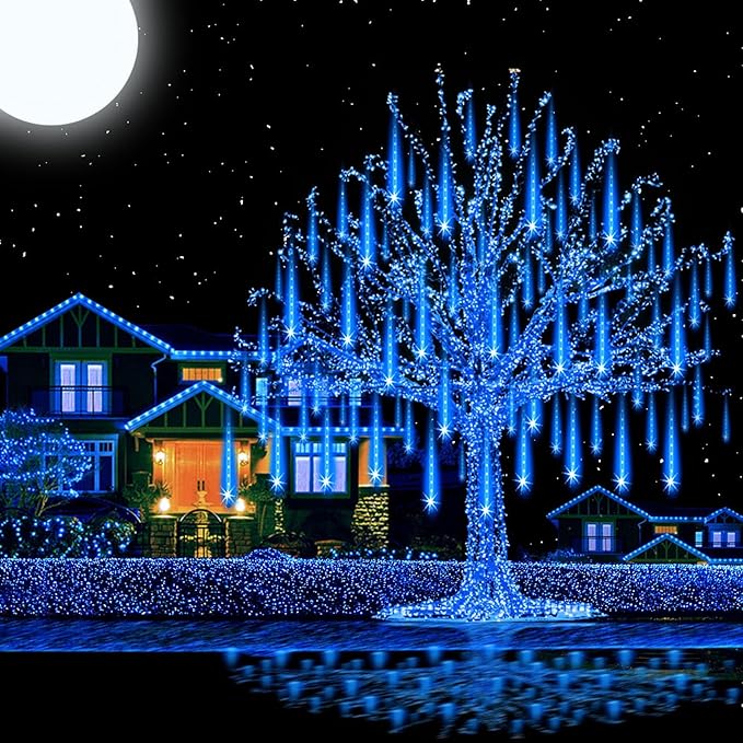 Aukora Blue Christmas Lights Outdoor, UL Plug 24 Tubes 576 LEDs Meteor Shower Light, Tandemable Icicle Snow Falling Rain Lights for Xmas Tree Halloween Decorations Wedding Party Holiday Garden Decor