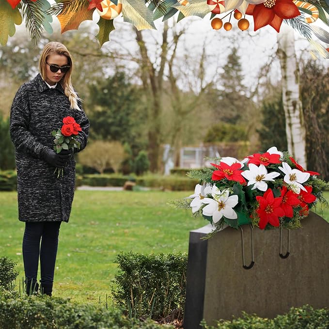 Christmas Cemetery Decorations for Grave Headstone Flower Saddle Artificial Flower Saddles Red Poinsettia Outdoor Memorial Headstone Realistic Bouquet(Vivid Color,Vivid Style)
