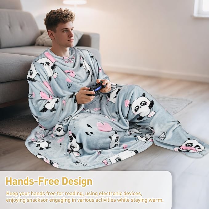Catalonia Panda Print Wearable Blanket with Sleeves and Foot Pocket – Ultra-Soft Warm Fleece Long Throw Snuggly Blanket for Sleeping & TV Time – Cozy Christmas Gift for Women & Men