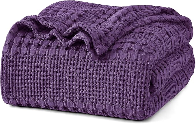 PHF 100% Cotton Waffle Weave Blanket Queen Size for Bed, Soft Lightweight & Breathable, All-Season Comfort, Luxury Aesthetic Woven Bedding for Home Decor, 90"x90", Grape Purple