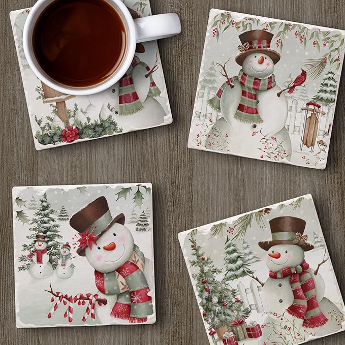 Thirstystone Brown Hat Snowman 4 Pack Assorted Tumbled Tile Stone Coasters with Protective Cork Backing 4" Square Manufactured in The USA