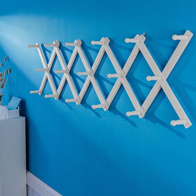 SKOLOO Hat Rack for Wall with 17 Hooks, Solid Wooden, Modern, Expandable Coat Rack Wall Mount for Coats, Hats, Bags, Baseball Caps, White